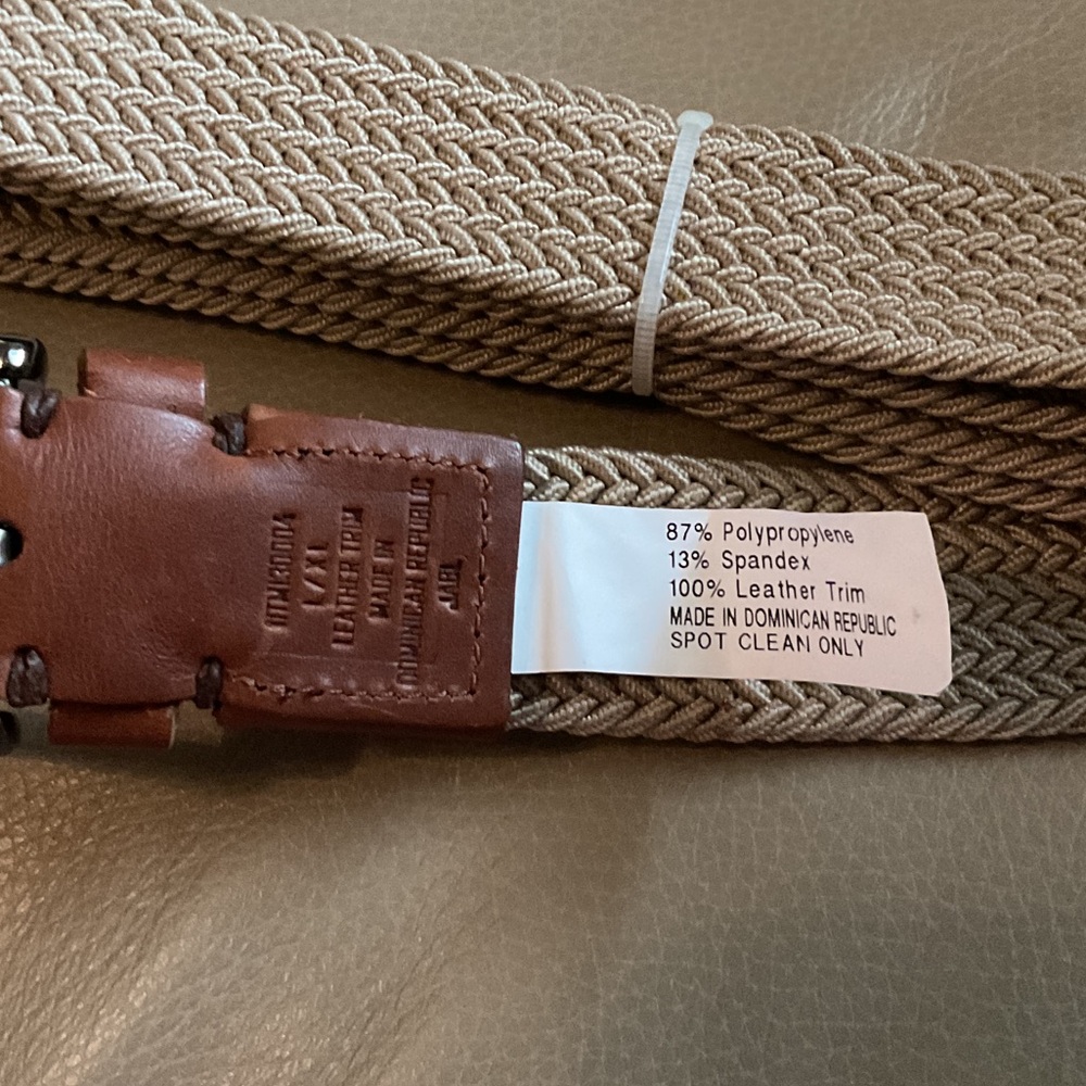 Tommy Bahama Cream Woven Belt with Brown Leather Trim - Picture 2 of 3